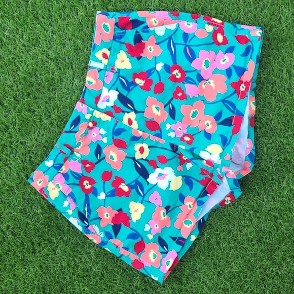 Elle Bright Vibrant Floral Teal Pink Summer Stretch Cotton Shorts Womens Size 8 - Picture 1 of 16